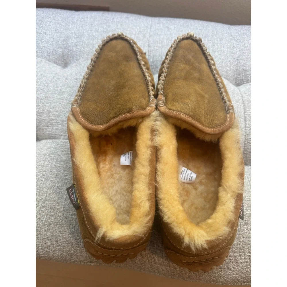 LL Bean Wicked Good Moccasins Mens 14 Brown Shearling Sheepskin Slippers. EUC